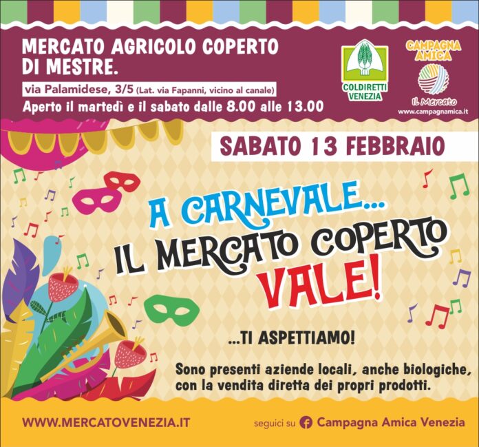 La locandina dell'evento di Carnevale al Mercato Agricolo Coperto di Mestre