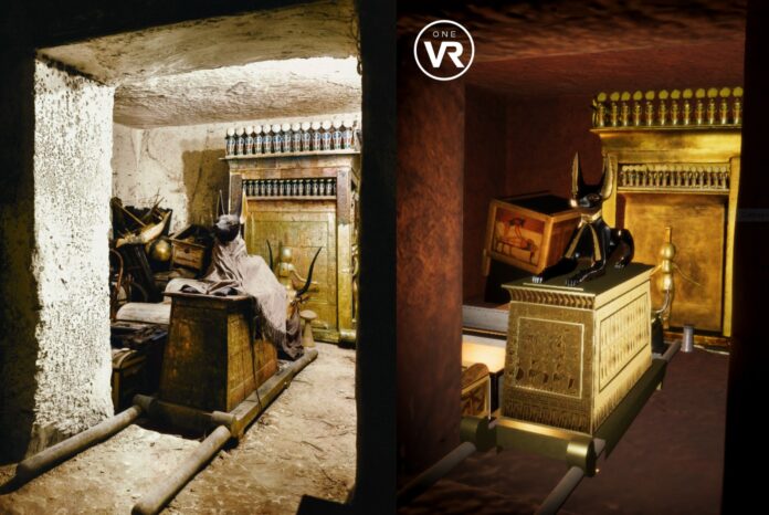 Raffronto fra la foto scattata da Howard Carter appena scoperta la tomba di Tuthankamon e la ricostruzione virtuale realizzata da Webn’go