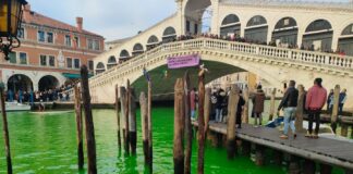 Attivisti colorano di verde il Canal Grande. Brugnaro: “Ora basta, denunciamo” Gli attivisti di Extinction Rebellion - Foto dalla pagina Facebook del Comune di Venezia