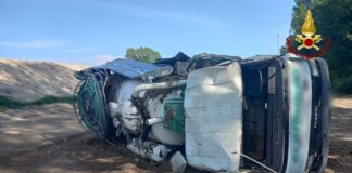 Scoppia uno pneumatico, camion finisce nella golena del fiume Il camion finito nella golena del fiume