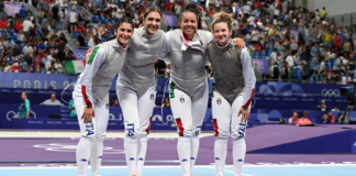 Martina Favaretto e le sue compagne medaglia d’argento nel fioretto a squadre Arianna Errigo, Martina Favaretto, Alice Volpi e Francesca Palumbo (foto Augusto Bizzi/CONI)