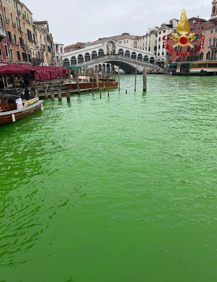 L’acqua del Canal Grande nuovamente imbrattata di verde L’acqua del Canal Grande nuovamente imbrattata di verde